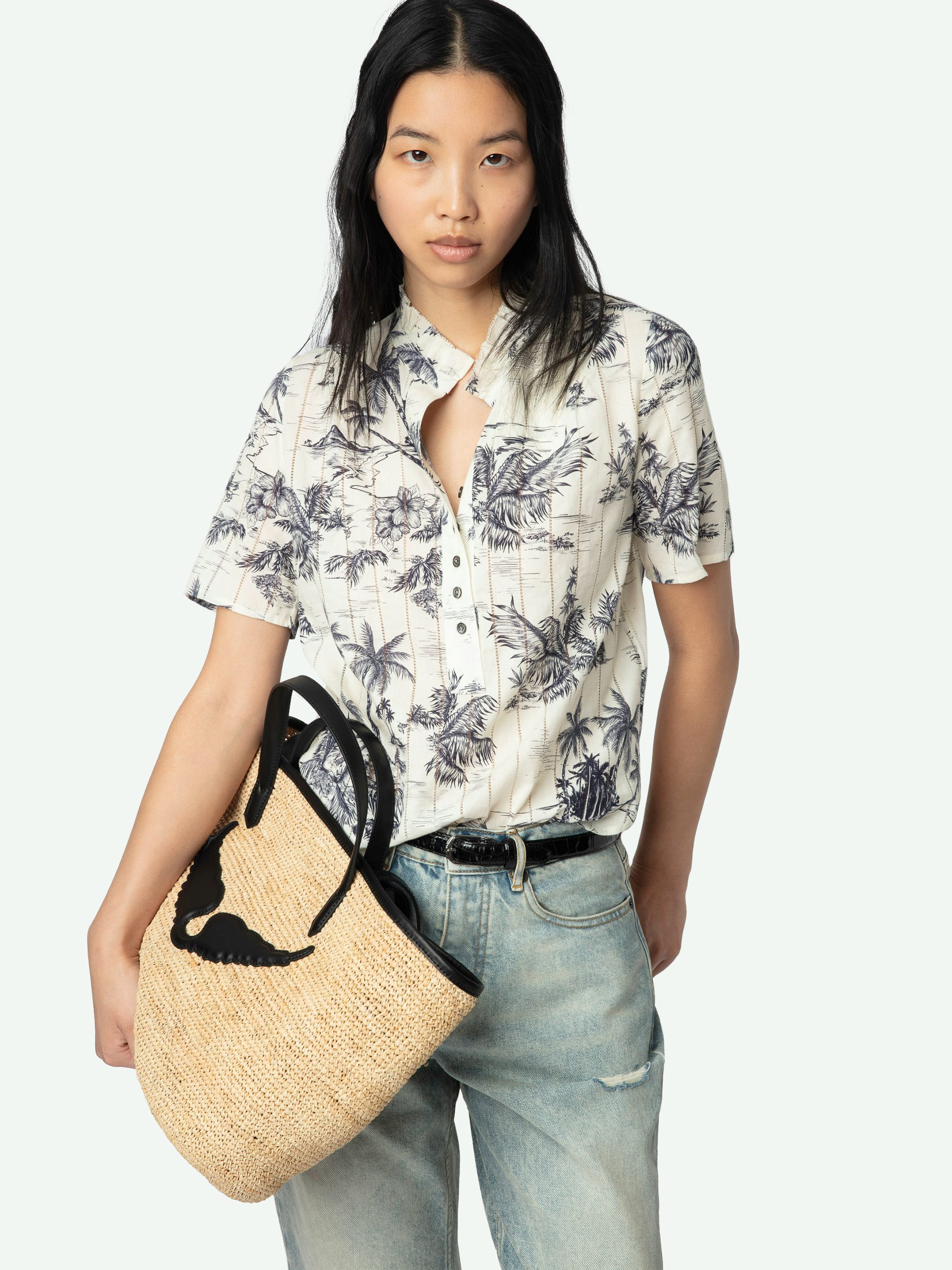 Top Topher - Top in cotone con inserto in pizzo a scaletta, maniche corte e chiusura con bottoni.